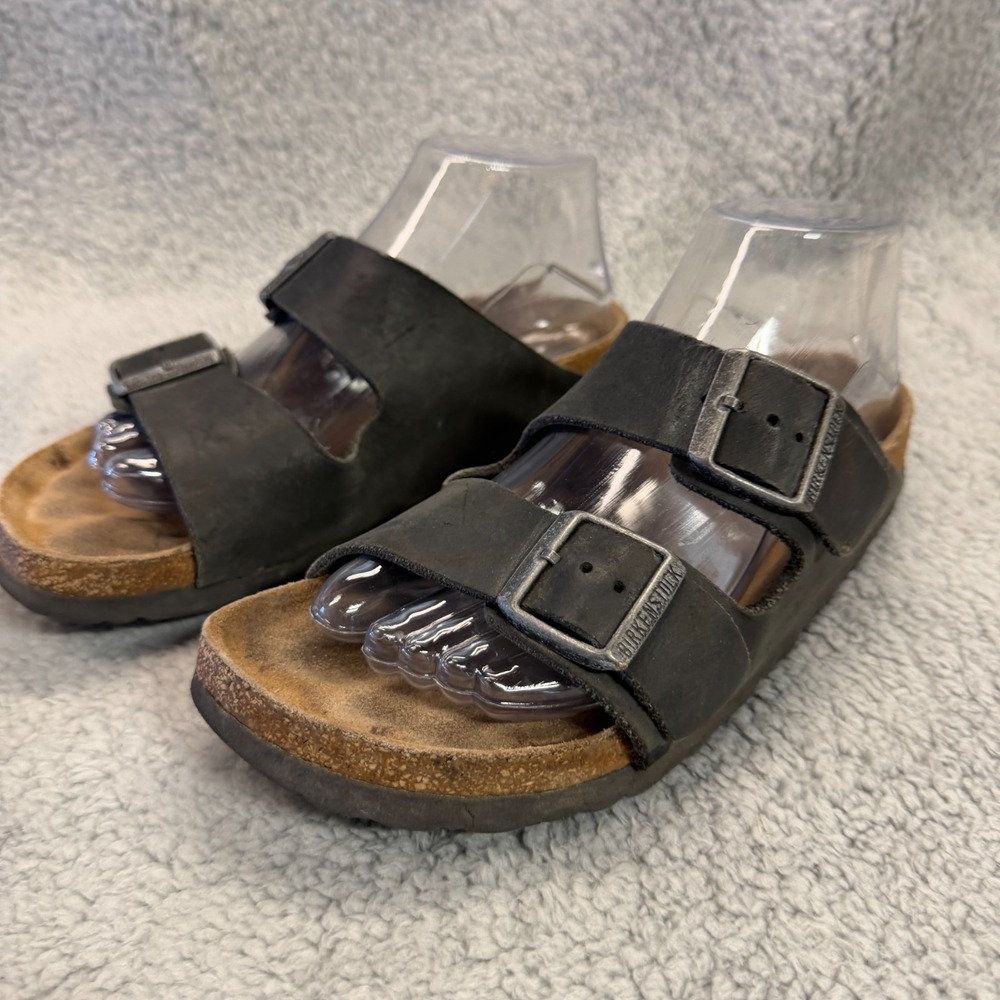 Birkenstock Arizona Sandal Women 39 Narrow 250 Black Leather Slides Double Strap